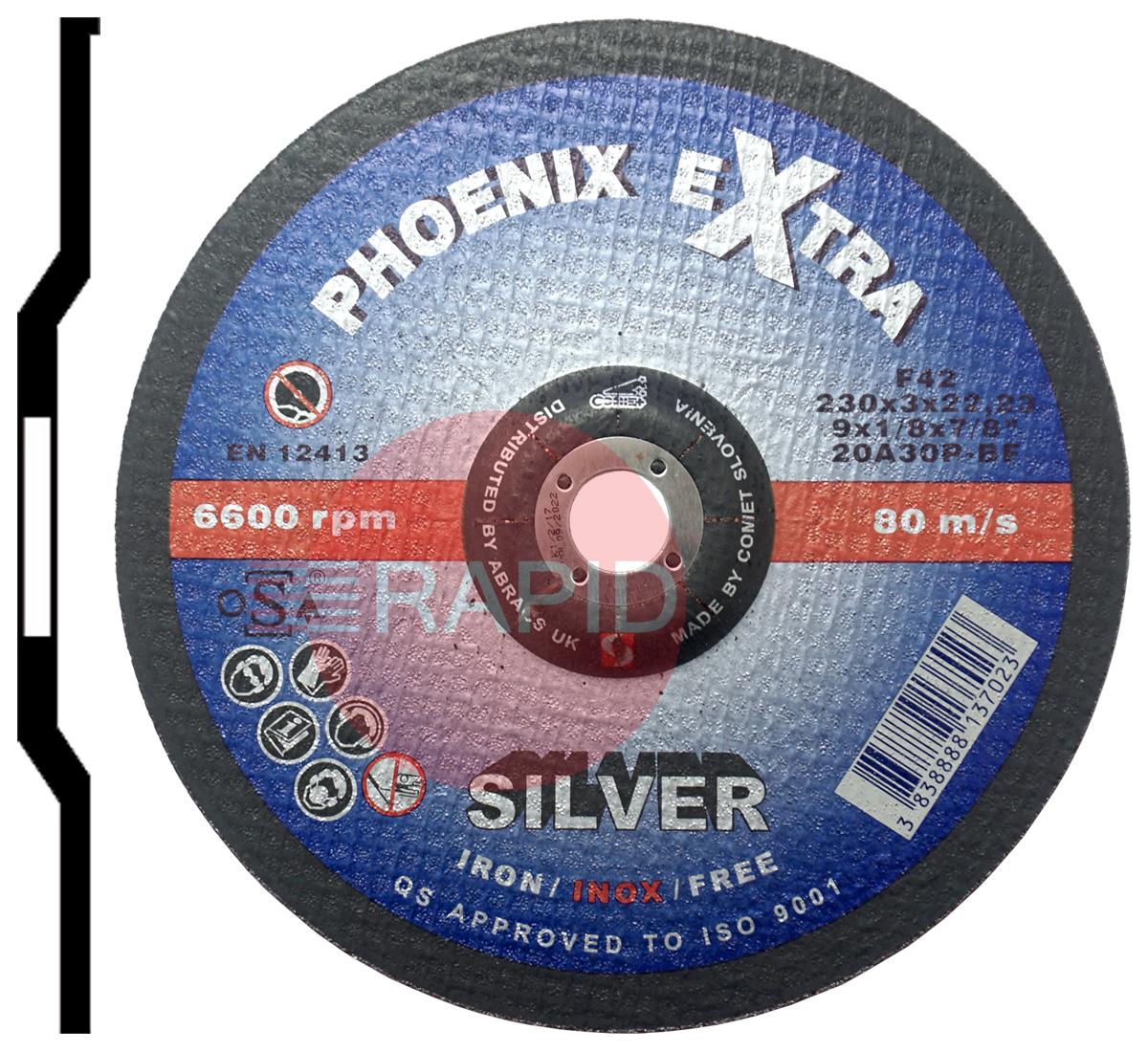 PHS23030DI  Abracs Phoenix Silver 230mm (9) Depressed Centre Cutting Disc 3mm Thick. Grade 20A30P Inox-BF for Steel & Stainless Steel.