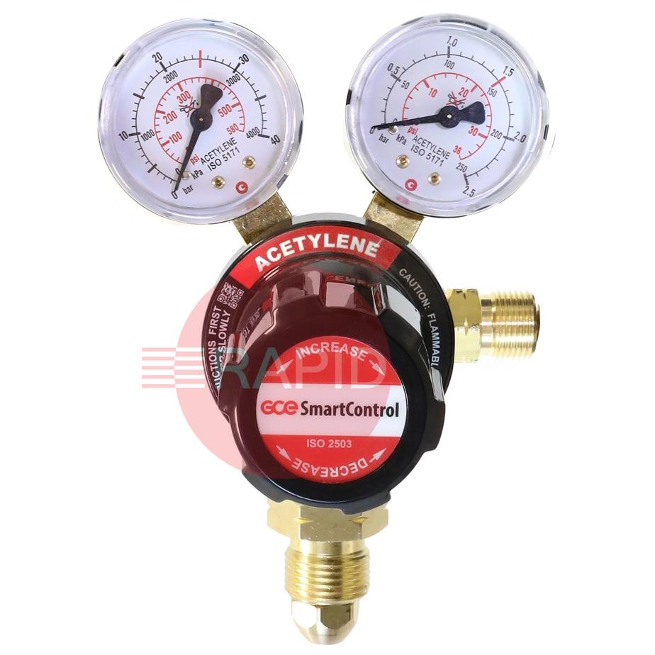 S21620009  GCE SmartControl Acetylene Regulator Bottom Entry, 1.5 Bar, G5/8“ LH Inlet, G3/8 LH Outlet, UK Fitting Only