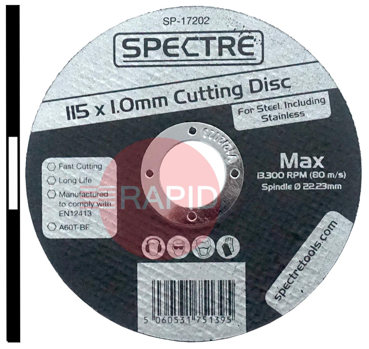 SP-17202  Spectre 115mm (4.5) Slitting Cutting Disc 1mm Thick. Grade A60T-BF for Steel & Stainless Steel.